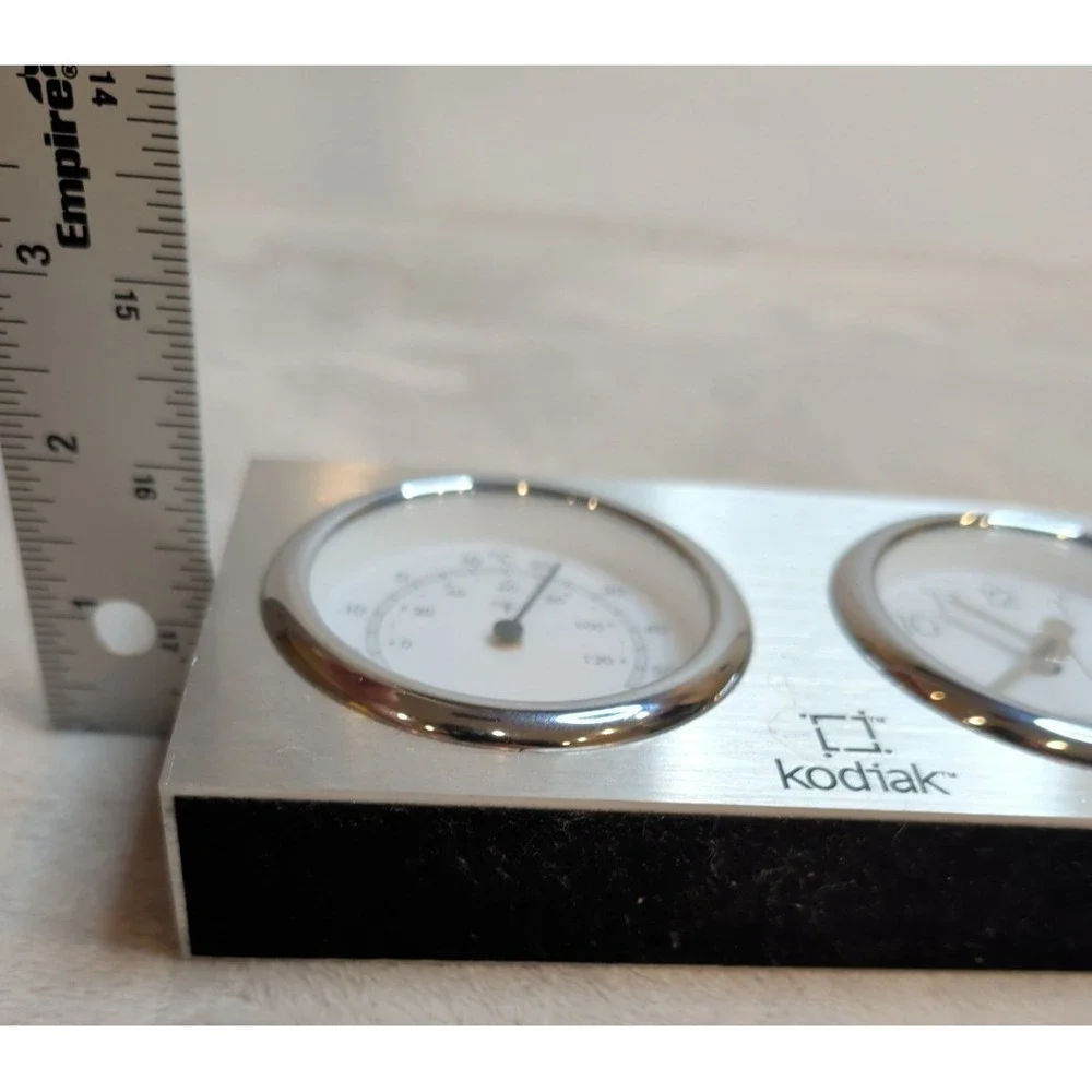 Kodiak Brushed‎ Silver Desk Clock and Thermometer Dual Dial Analog Quartz Office